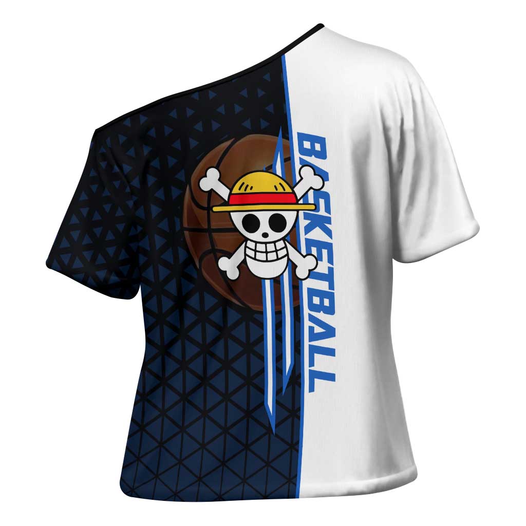 Luffy Gear 5 One Piece Basketball Theme White and Black Design Cross Shoulder Shirt with Straw Hat Emblem and Dynamic Action Pose - The Mazicc