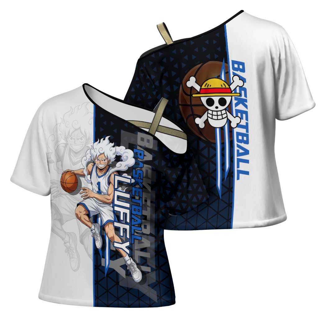 Luffy Gear 5 One Piece Basketball Theme White and Black Design Cross Shoulder Shirt with Straw Hat Emblem and Dynamic Action Pose - The Mazicc