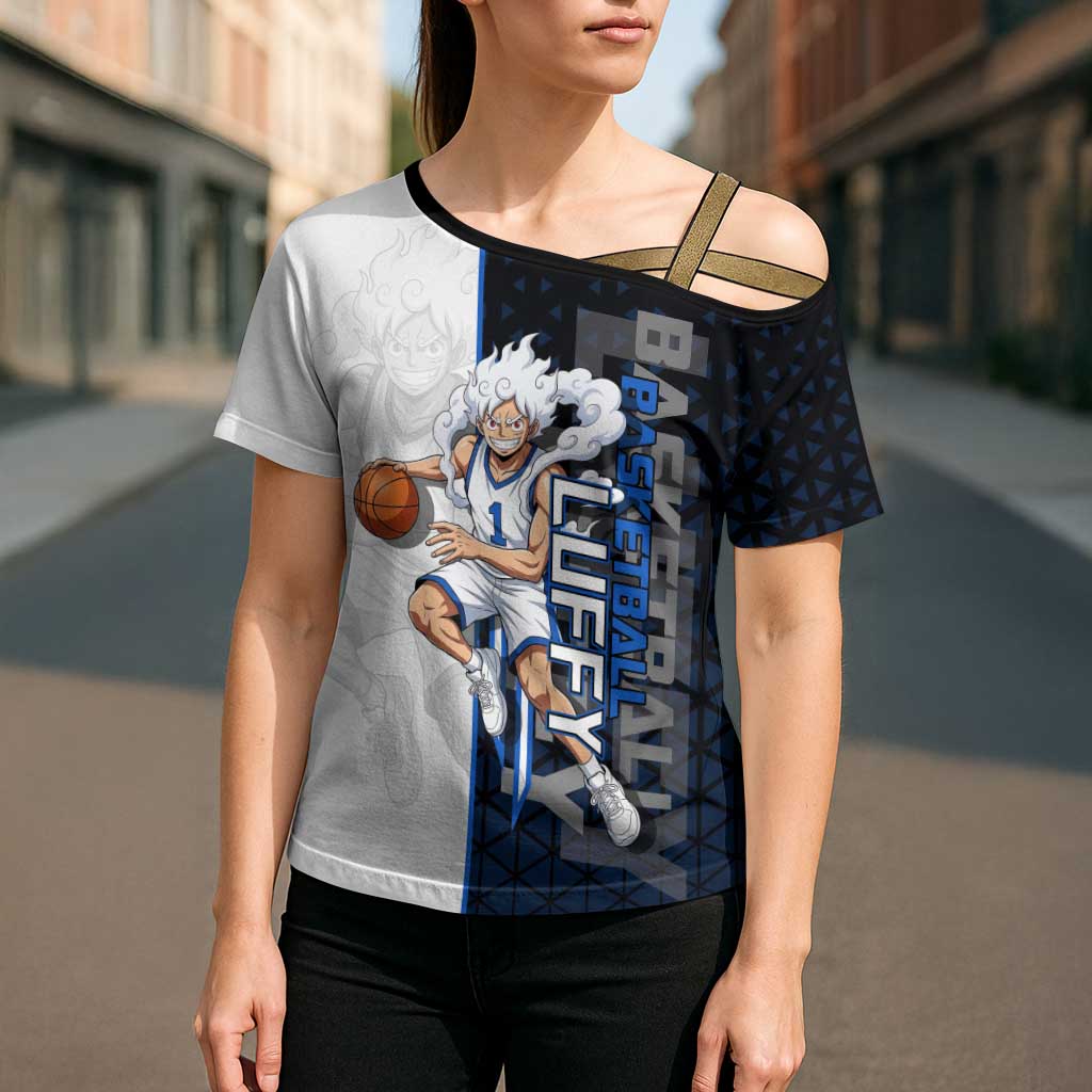 Luffy Gear 5 One Piece Basketball Theme White and Black Design Cross Shoulder Shirt with Straw Hat Emblem and Dynamic Action Pose - The Mazicc