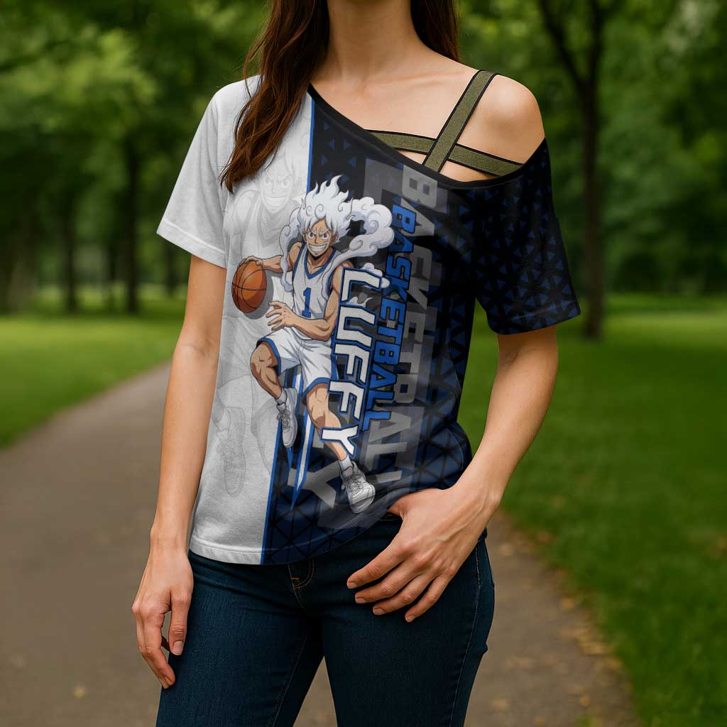 Luffy Gear 5 One Piece Basketball Theme White and Black Design Cross Shoulder Shirt with Straw Hat Emblem and Dynamic Action Pose - The Mazicc