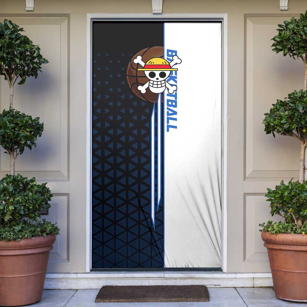 Luffy Gear 5 One Piece Basketball Theme White and Black Design Door Cover with Straw Hat Emblem and Dynamic Action Pose - The Mazicc