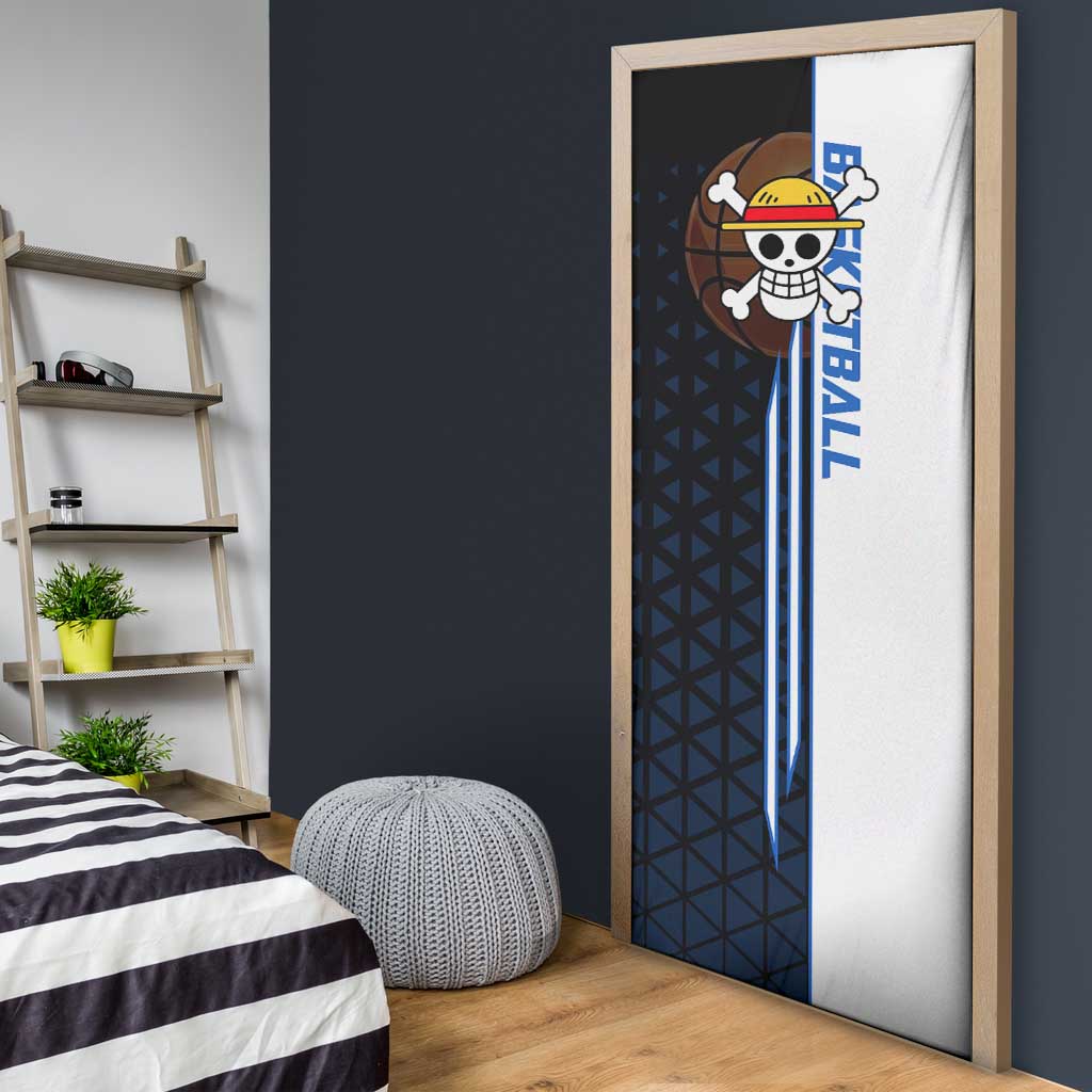Luffy Gear 5 One Piece Basketball Theme White and Black Design Door Cover with Straw Hat Emblem and Dynamic Action Pose - The Mazicc