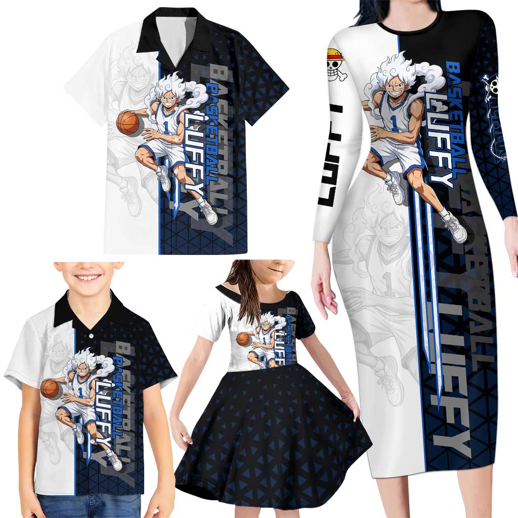 Luffy Gear 5 One Piece Basketball Theme White and Black Design Family Matching Long Sleeve Bodycon Dress and Hawaiian Shirt with Straw Hat Emblem and Dynamic Action Pose
