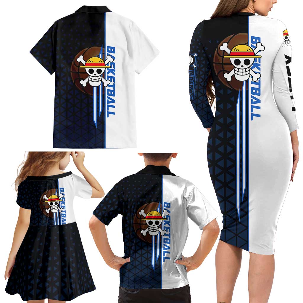 Luffy Gear 5 One Piece Basketball Theme White and Black Design Family Matching Long Sleeve Bodycon Dress and Hawaiian Shirt with Straw Hat Emblem and Dynamic Action Pose
