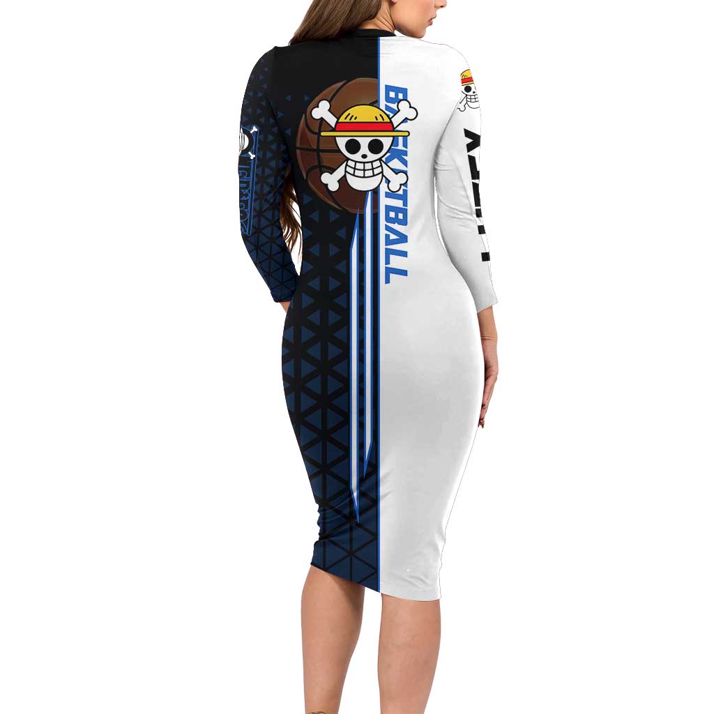 Luffy Gear 5 One Piece Basketball Theme White and Black Design Family Matching Long Sleeve Bodycon Dress and Hawaiian Shirt with Straw Hat Emblem and Dynamic Action Pose