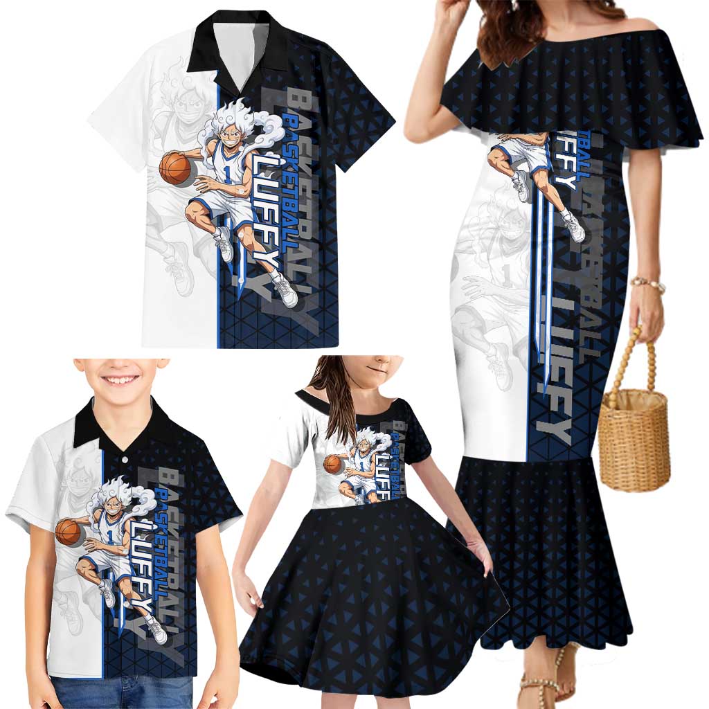 Luffy Gear 5 One Piece Basketball Theme White and Black Design Family Matching Mermaid Dress and Hawaiian Shirt with Straw Hat Emblem and Dynamic Action Pose
