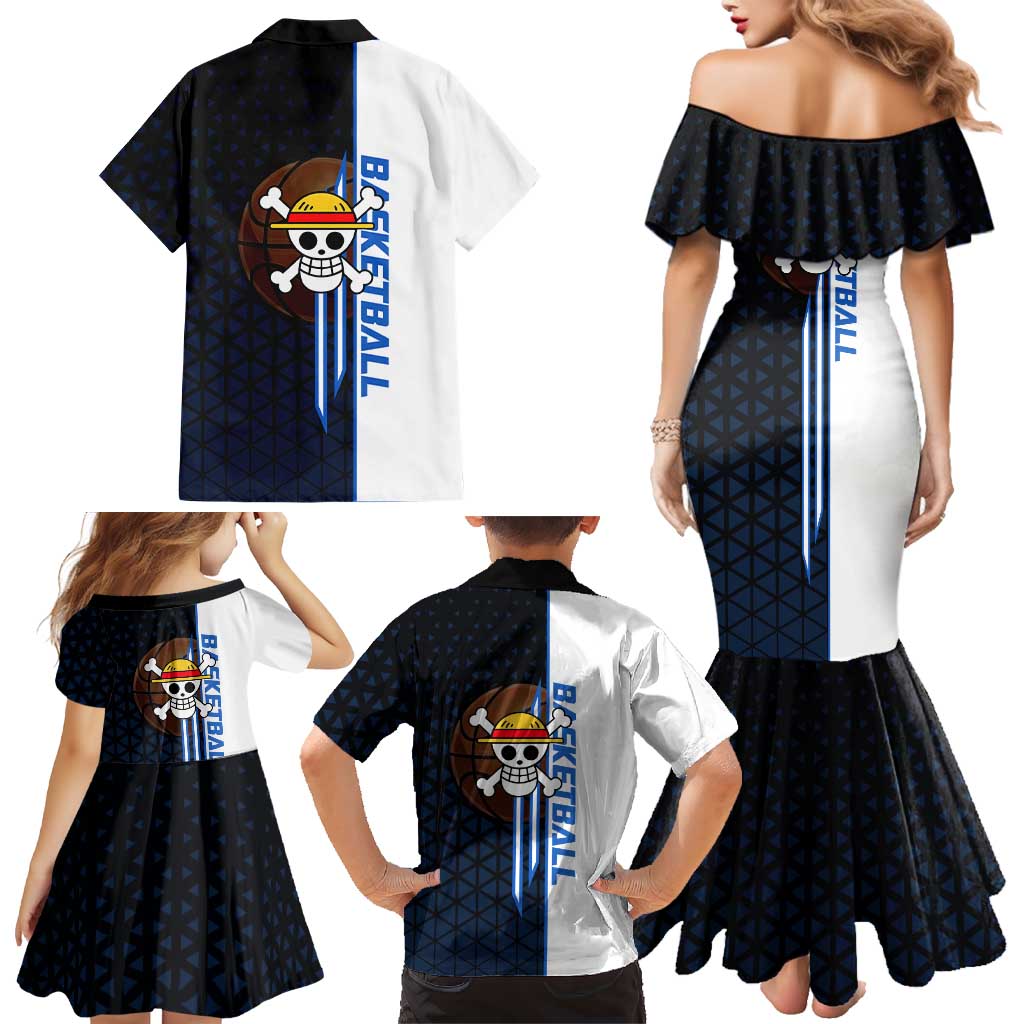 Luffy Gear 5 One Piece Basketball Theme White and Black Design Family Matching Mermaid Dress and Hawaiian Shirt with Straw Hat Emblem and Dynamic Action Pose