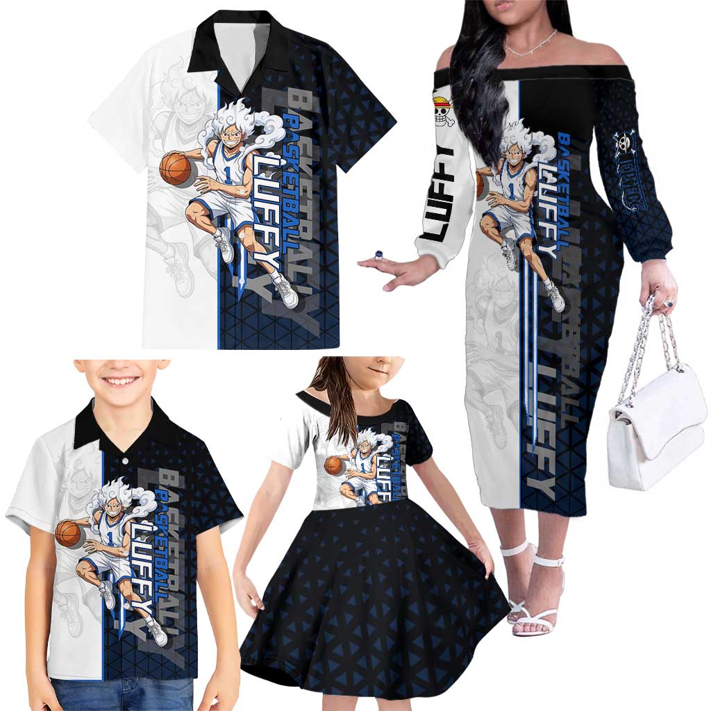 Luffy Gear 5 One Piece Basketball Theme White and Black Design Family Matching Off The Shoulder Long Sleeve Dress and Hawaiian Shirt with Straw Hat Emblem and Dynamic Action Pose
