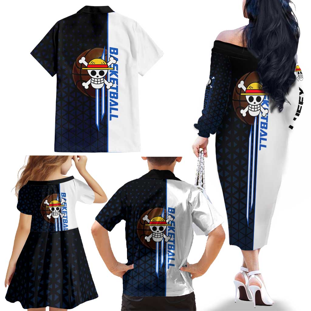 Luffy Gear 5 One Piece Basketball Theme White and Black Design Family Matching Off The Shoulder Long Sleeve Dress and Hawaiian Shirt with Straw Hat Emblem and Dynamic Action Pose