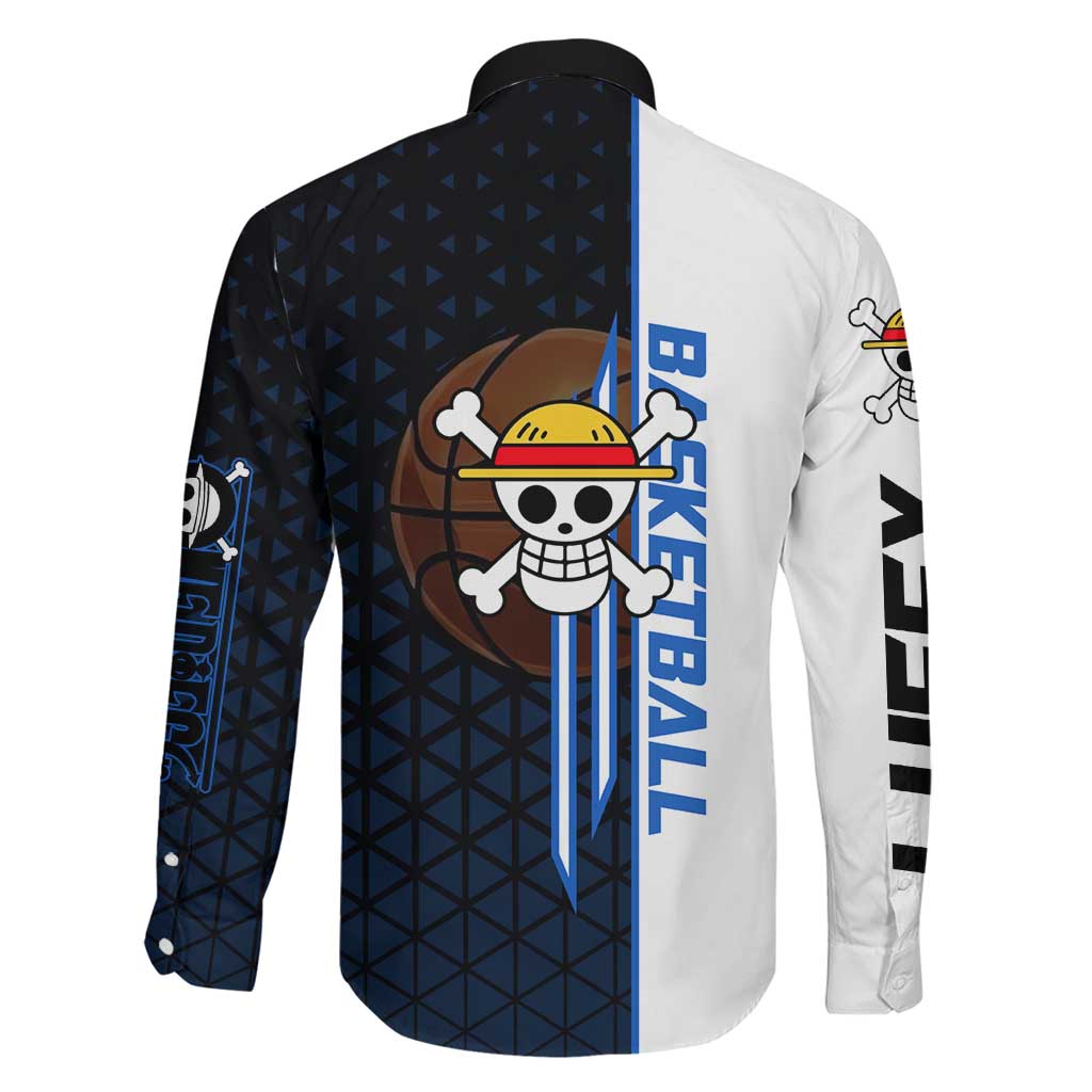 Luffy Gear 5 One Piece Basketball Theme White and Black Design Family Matching Off The Shoulder Long Sleeve Dress and Hawaiian Shirt with Straw Hat Emblem and Dynamic Action Pose