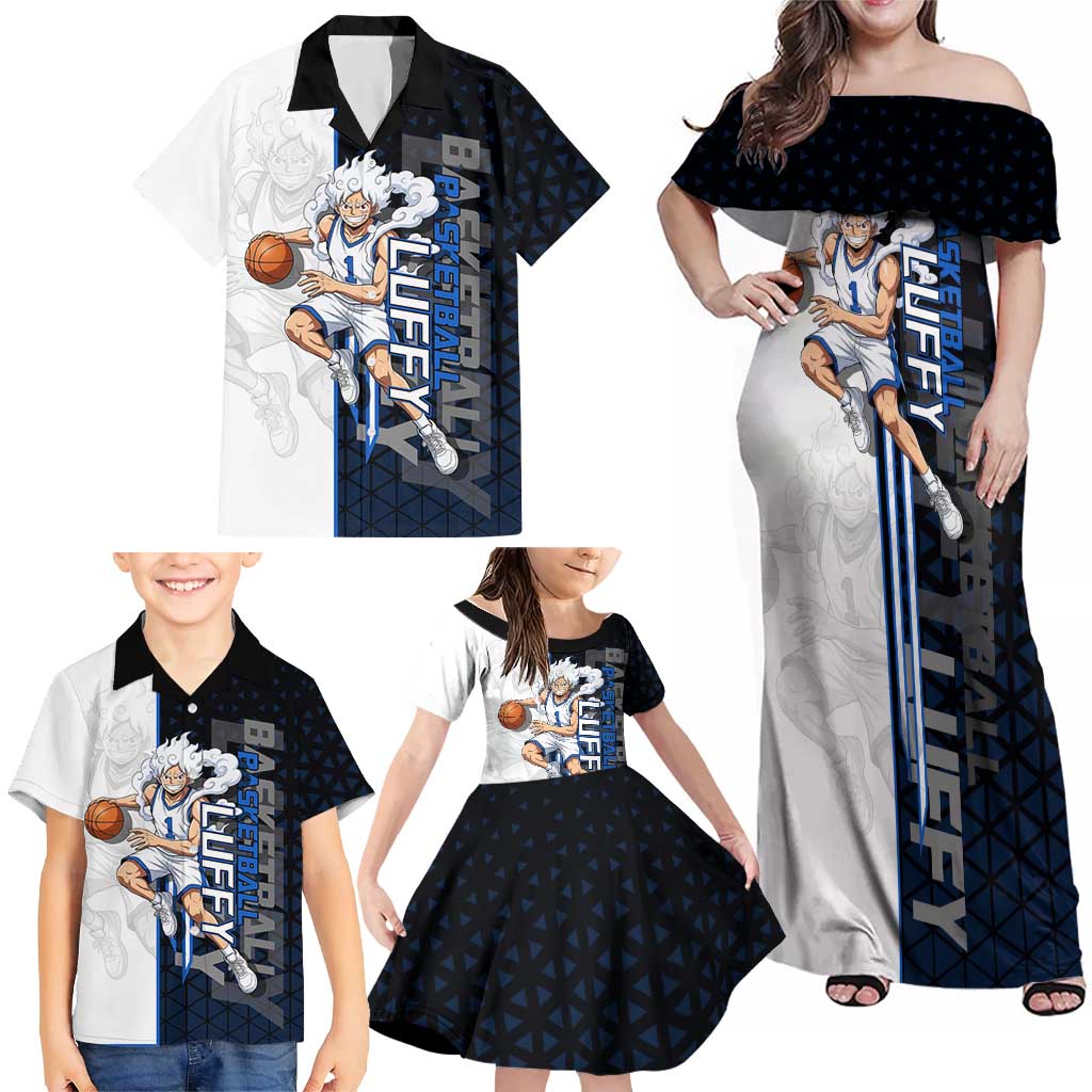 Luffy Gear 5 One Piece Basketball Theme White and Black Design Family Matching Off Shoulder Maxi Dress and Hawaiian Shirt with Straw Hat Emblem and Dynamic Action Pose