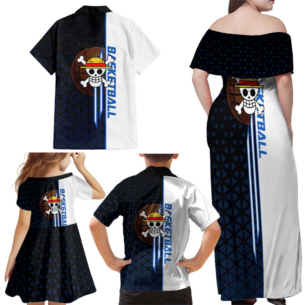 Luffy Gear 5 One Piece Basketball Theme White and Black Design Family Matching Off Shoulder Maxi Dress and Hawaiian Shirt with Straw Hat Emblem and Dynamic Action Pose