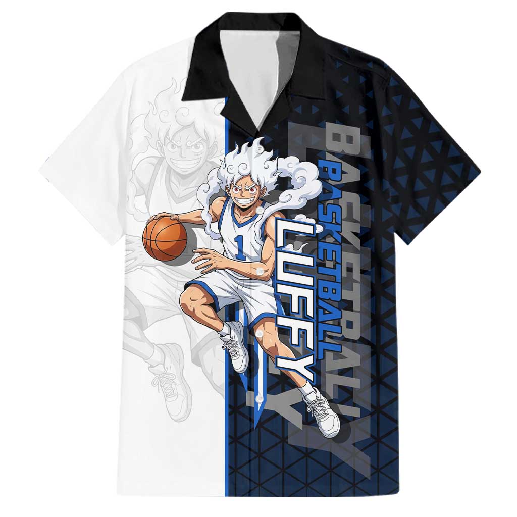 Luffy Gear 5 One Piece Basketball Theme White and Black Design Family Matching Off Shoulder Maxi Dress and Hawaiian Shirt with Straw Hat Emblem and Dynamic Action Pose