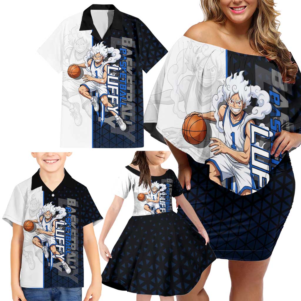 Luffy Gear 5 One Piece Basketball Theme White and Black Design Family Matching Off Shoulder Short Dress and Hawaiian Shirt with Straw Hat Emblem and Dynamic Action Pose