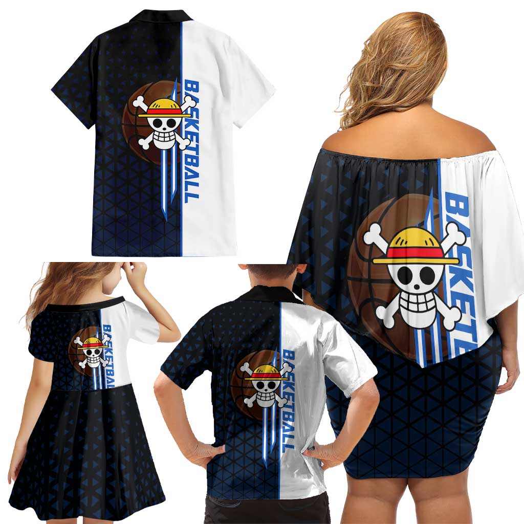 Luffy Gear 5 One Piece Basketball Theme White and Black Design Family Matching Off Shoulder Short Dress and Hawaiian Shirt with Straw Hat Emblem and Dynamic Action Pose