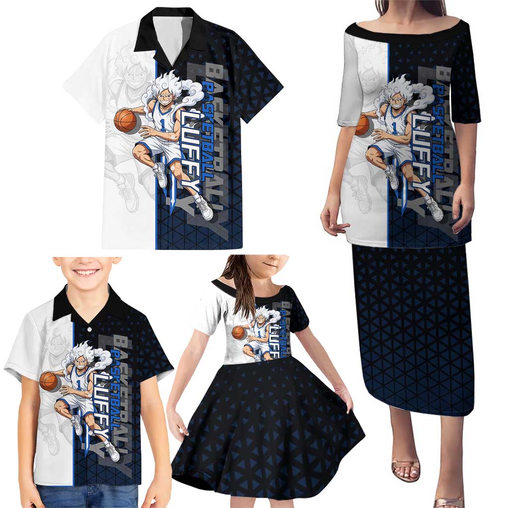 Luffy Gear 5 One Piece Basketball Theme White and Black Design Family Matching Puletasi and Hawaiian Shirt with Straw Hat Emblem and Dynamic Action Pose