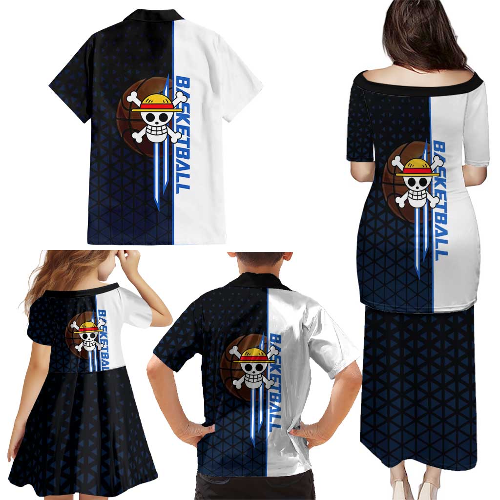 Luffy Gear 5 One Piece Basketball Theme White and Black Design Family Matching Puletasi and Hawaiian Shirt with Straw Hat Emblem and Dynamic Action Pose
