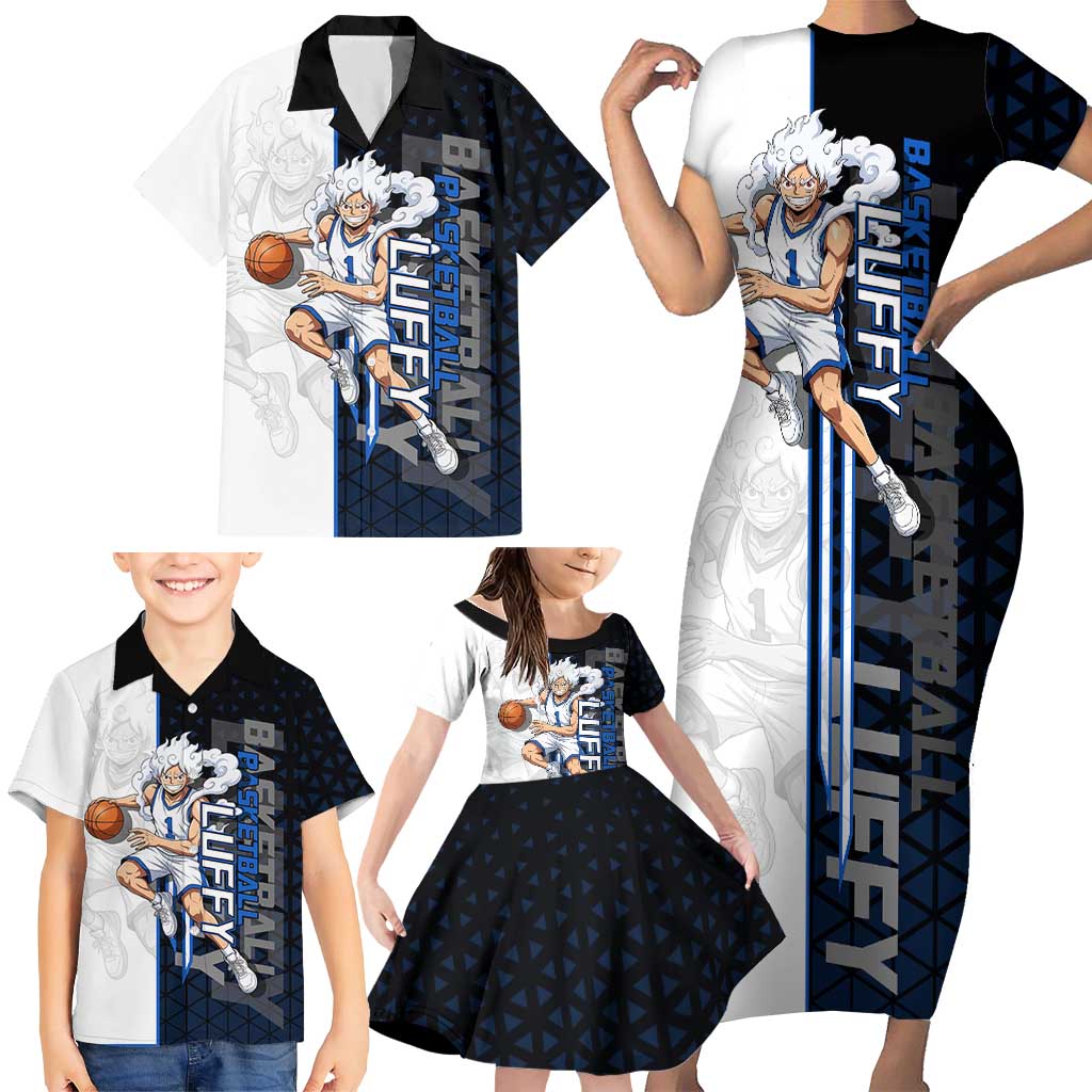 Luffy Gear 5 One Piece Basketball Theme White and Black Design Family Matching Short Sleeve Bodycon Dress and Hawaiian Shirt with Straw Hat Emblem and Dynamic Action Pose