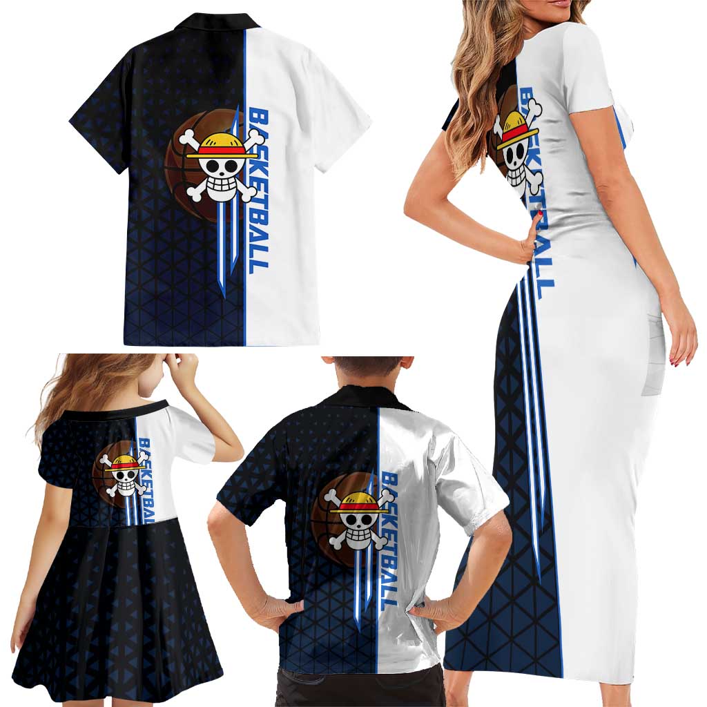 Luffy Gear 5 One Piece Basketball Theme White and Black Design Family Matching Short Sleeve Bodycon Dress and Hawaiian Shirt with Straw Hat Emblem and Dynamic Action Pose