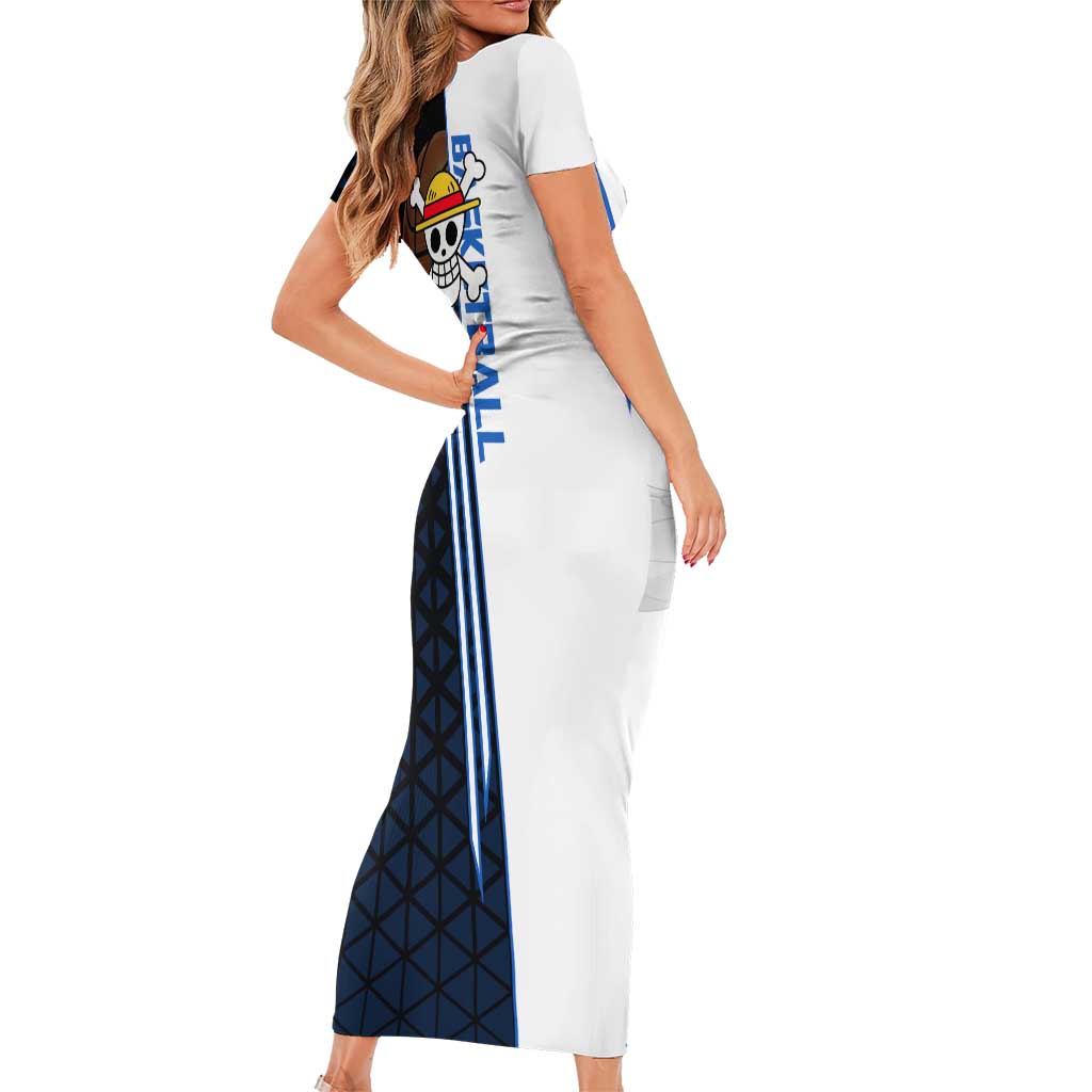 Luffy Gear 5 One Piece Basketball Theme White and Black Design Family Matching Short Sleeve Bodycon Dress and Hawaiian Shirt with Straw Hat Emblem and Dynamic Action Pose