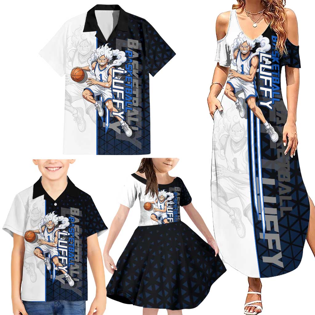 Luffy Gear 5 One Piece Basketball Theme White and Black Design Family Matching Summer Maxi Dress and Hawaiian Shirt with Straw Hat Emblem and Dynamic Action Pose