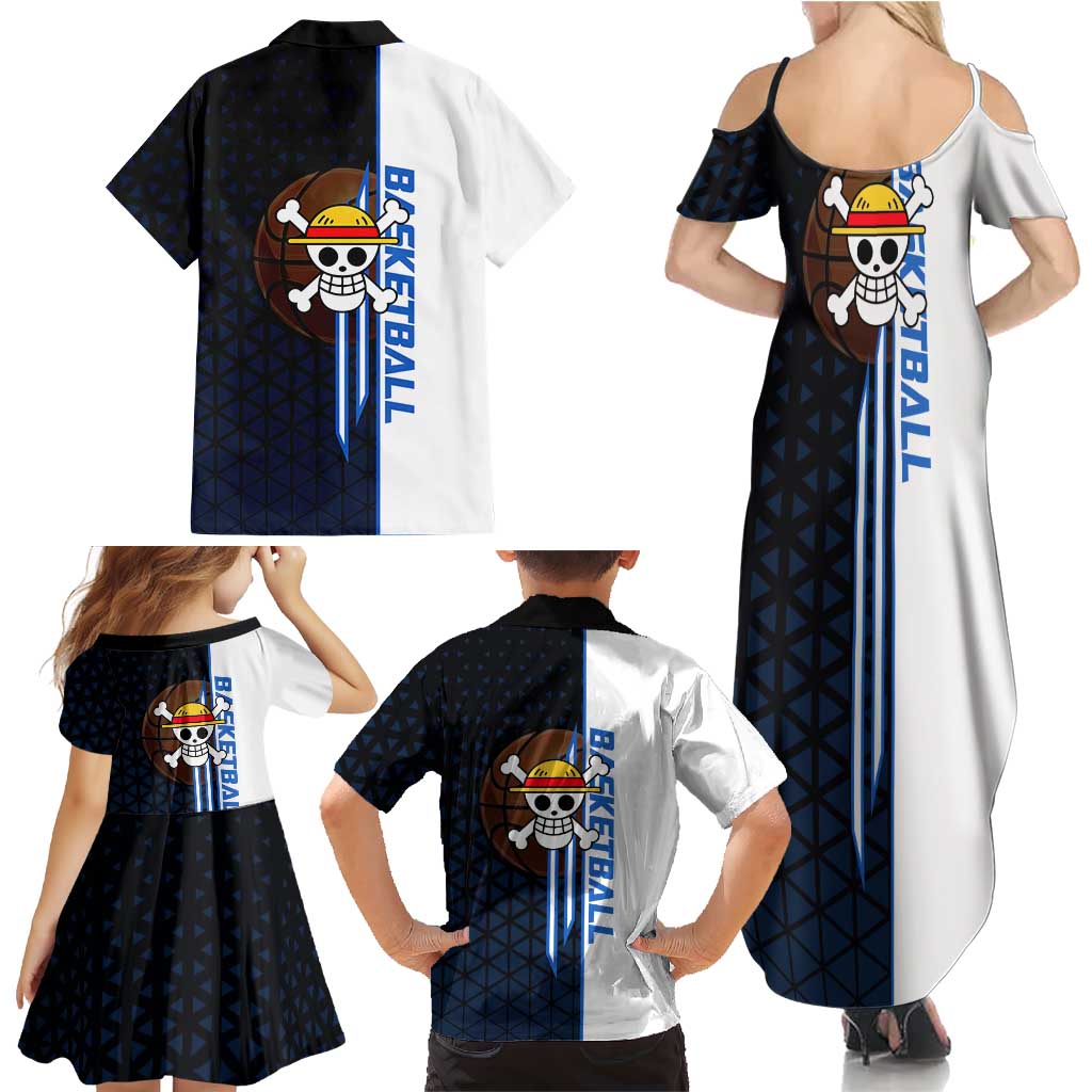 Luffy Gear 5 One Piece Basketball Theme White and Black Design Family Matching Summer Maxi Dress and Hawaiian Shirt with Straw Hat Emblem and Dynamic Action Pose
