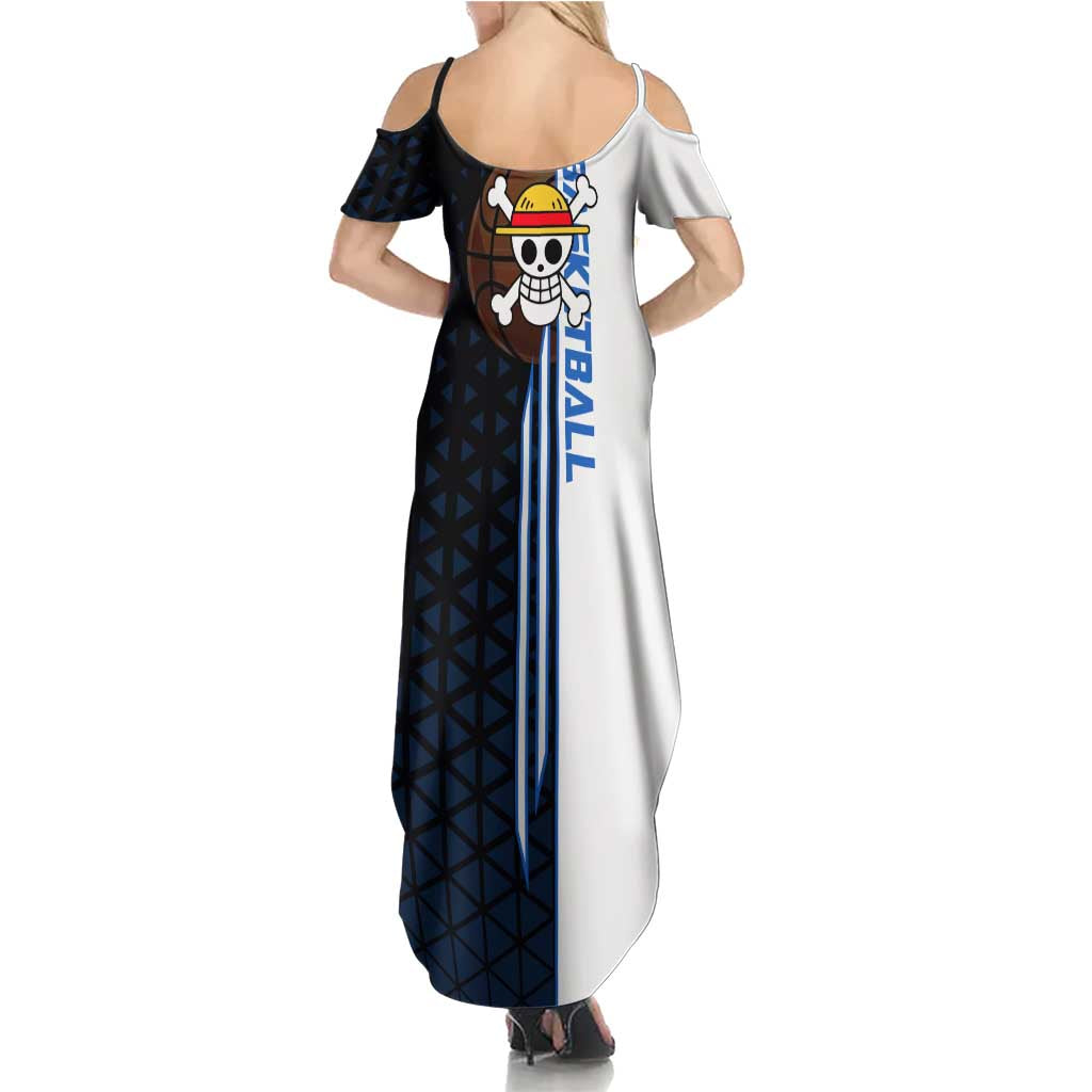 Luffy Gear 5 One Piece Basketball Theme White and Black Design Family Matching Summer Maxi Dress and Hawaiian Shirt with Straw Hat Emblem and Dynamic Action Pose