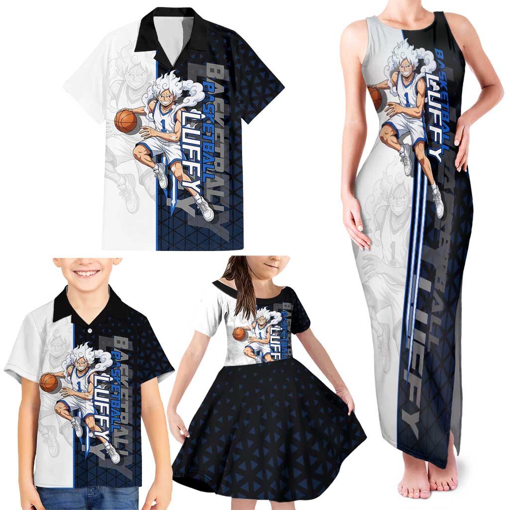 Luffy Gear 5 One Piece Basketball Theme White and Black Design Family Matching Tank Maxi Dress and Hawaiian Shirt with Straw Hat Emblem and Dynamic Action Pose