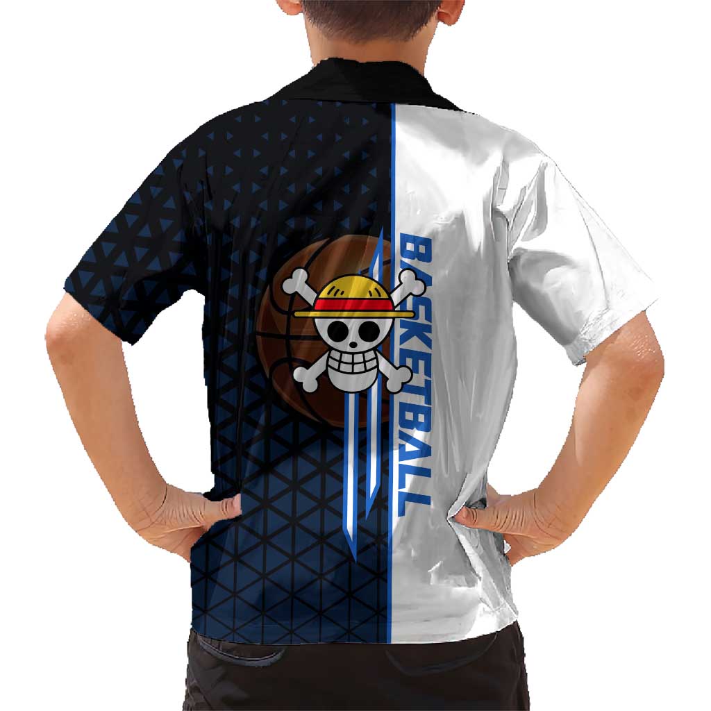 Luffy Gear 5 One Piece Basketball Theme White and Black Design Family Matching Tank Maxi Dress and Hawaiian Shirt with Straw Hat Emblem and Dynamic Action Pose