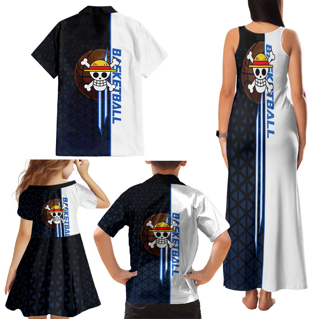 Luffy Gear 5 One Piece Basketball Theme White and Black Design Family Matching Tank Maxi Dress and Hawaiian Shirt with Straw Hat Emblem and Dynamic Action Pose