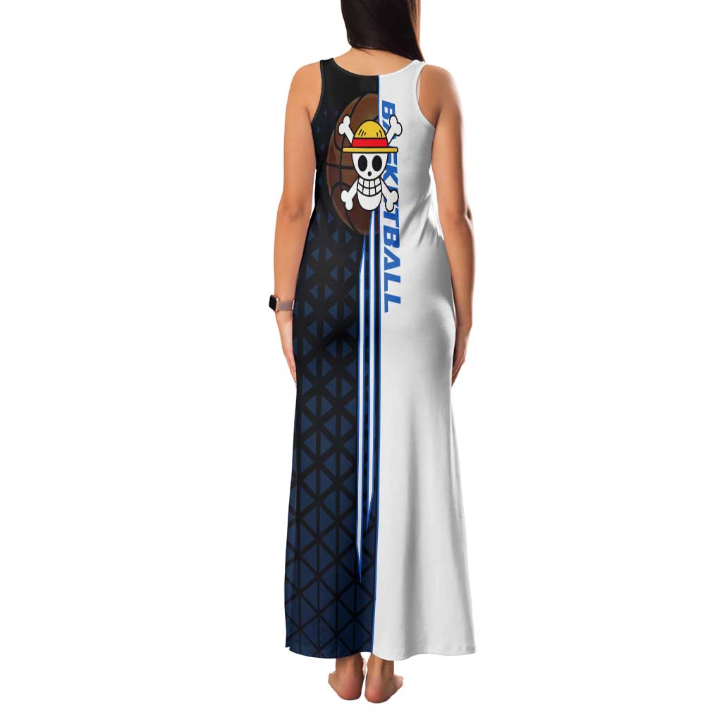 Luffy Gear 5 One Piece Basketball Theme White and Black Design Family Matching Tank Maxi Dress and Hawaiian Shirt with Straw Hat Emblem and Dynamic Action Pose