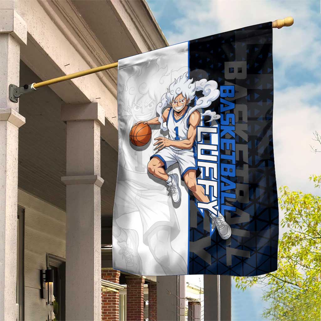 Luffy Gear 5 One Piece Basketball Theme White and Black Design Garden Flag with Straw Hat Emblem and Dynamic Action Pose - The Mazicc