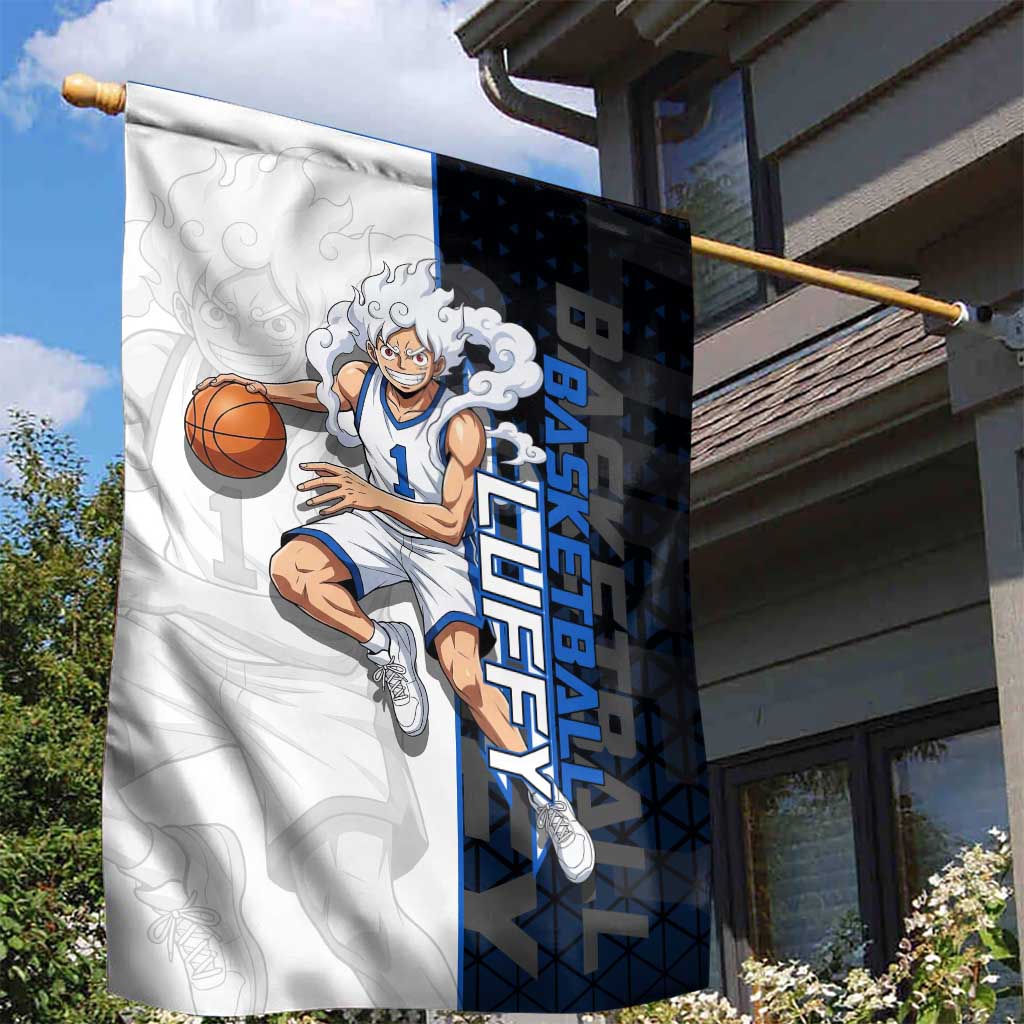Luffy Gear 5 One Piece Basketball Theme White and Black Design Garden Flag with Straw Hat Emblem and Dynamic Action Pose - The Mazicc