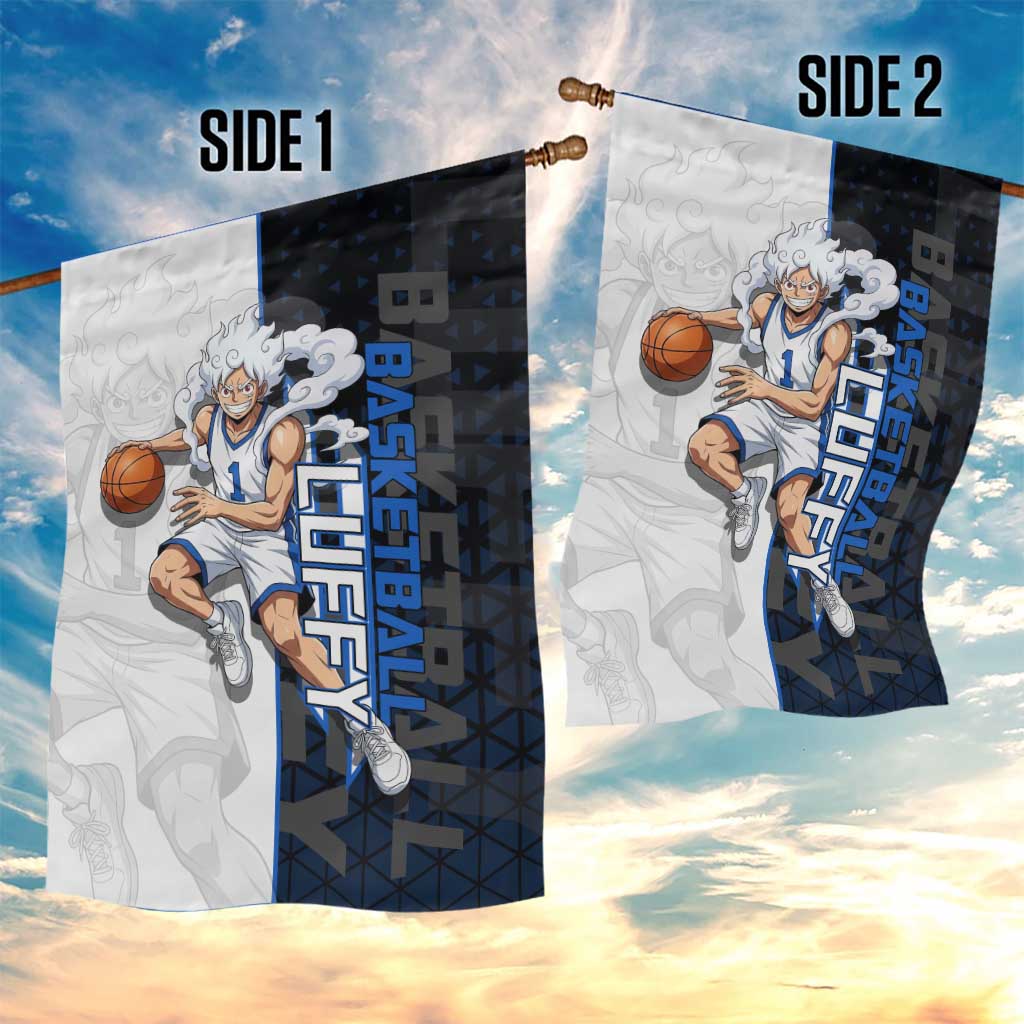 Luffy Gear 5 One Piece Basketball Theme White and Black Design Garden Flag with Straw Hat Emblem and Dynamic Action Pose - The Mazicc