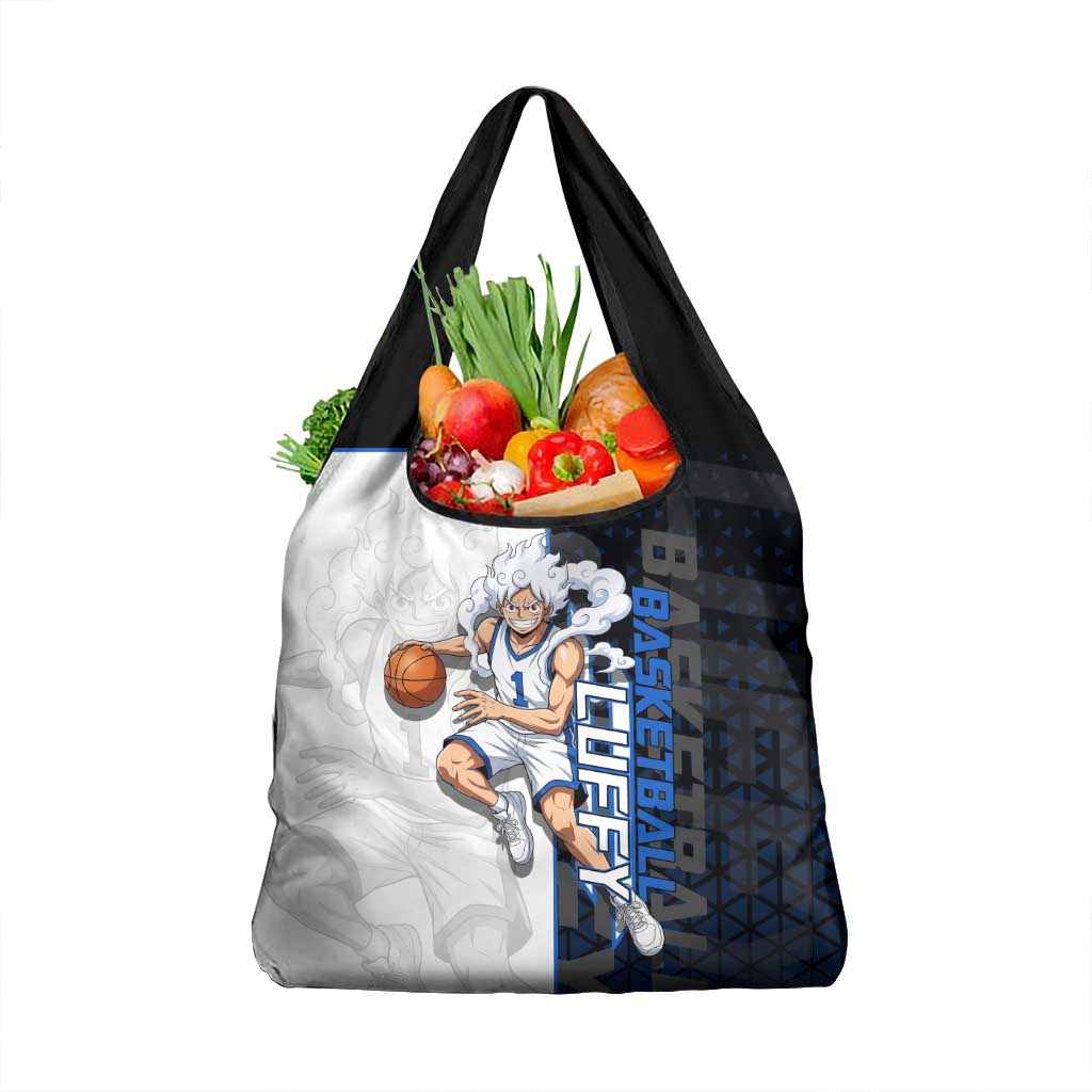 Luffy Gear 5 One Piece Basketball Theme White and Black Design Grocery Bag with Straw Hat Emblem and Dynamic Action Pose - The Mazicc