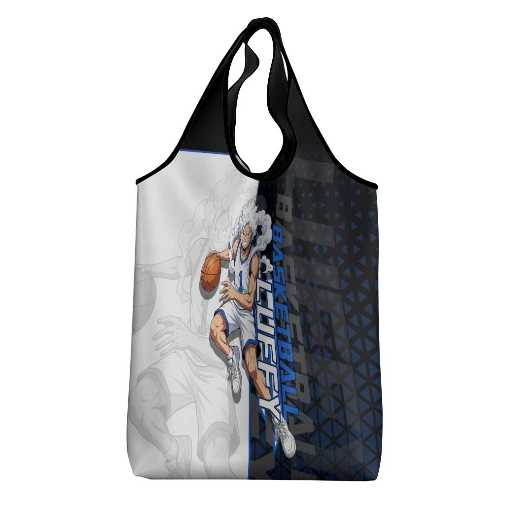 Luffy Gear 5 One Piece Basketball Theme White and Black Design Grocery Bag with Straw Hat Emblem and Dynamic Action Pose - The Mazicc