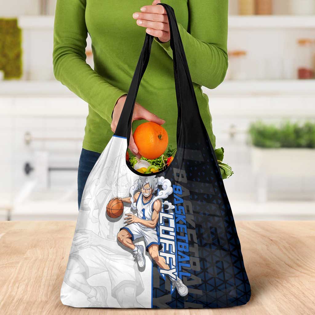 Luffy Gear 5 One Piece Basketball Theme White and Black Design Grocery Bag with Straw Hat Emblem and Dynamic Action Pose - The Mazicc