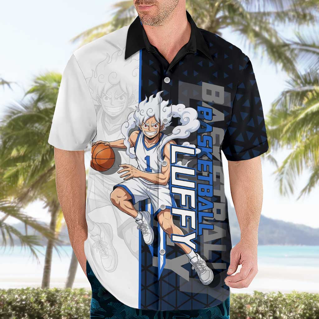 Luffy Gear 5 One Piece Basketball Theme White and Black Design Hawaiian Shirt with Straw Hat Emblem and Dynamic Action Pose - The Mazicc