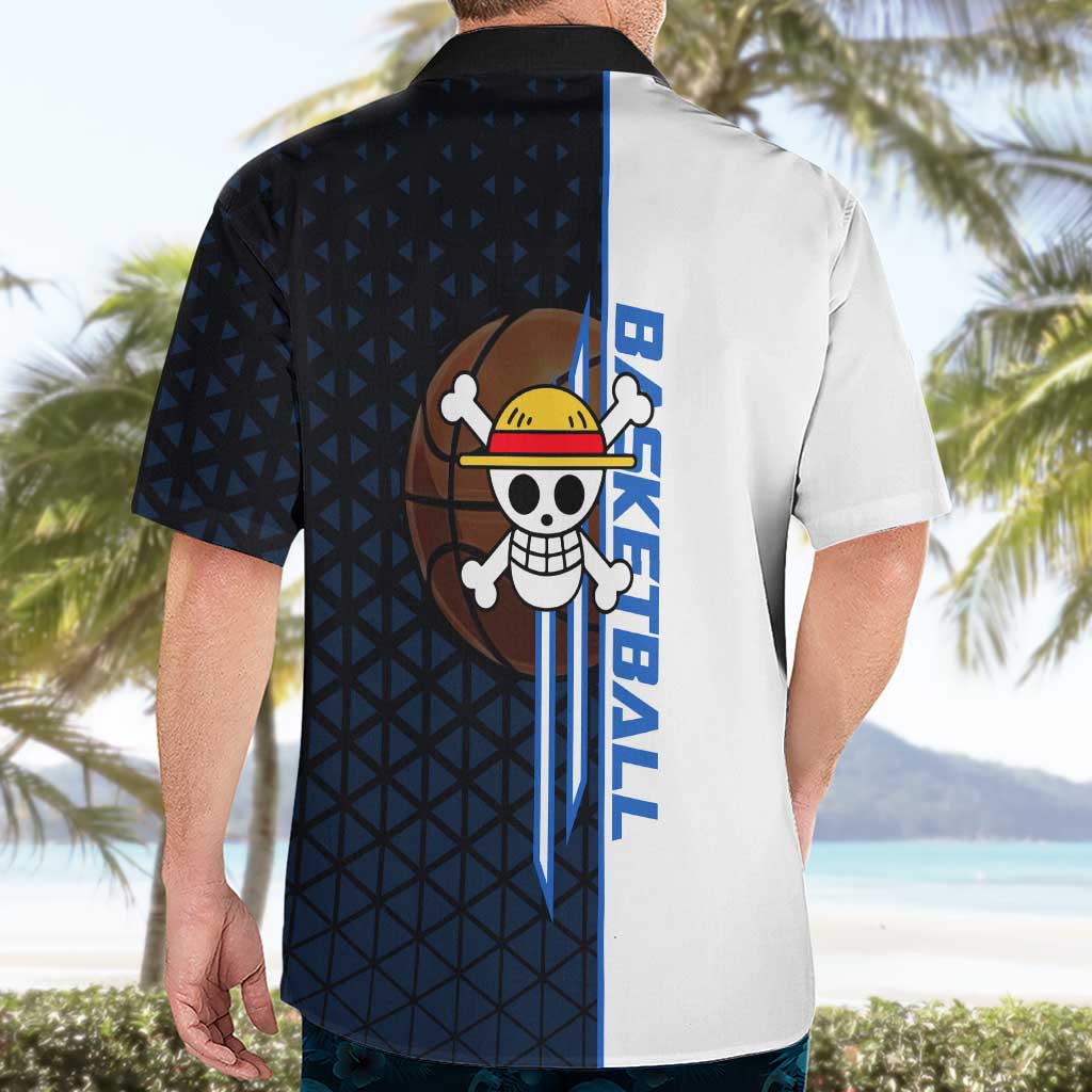 Luffy Gear 5 One Piece Basketball Theme White and Black Design Hawaiian Shirt with Straw Hat Emblem and Dynamic Action Pose - The Mazicc