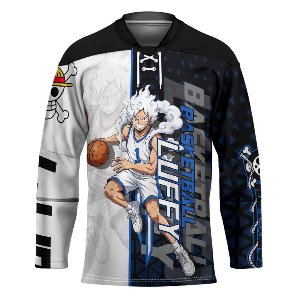 Luffy Gear 5 One Piece Basketball Theme White and Black Design Hockey Jersey with Straw Hat Emblem and Dynamic Action Pose - The Mazicc
