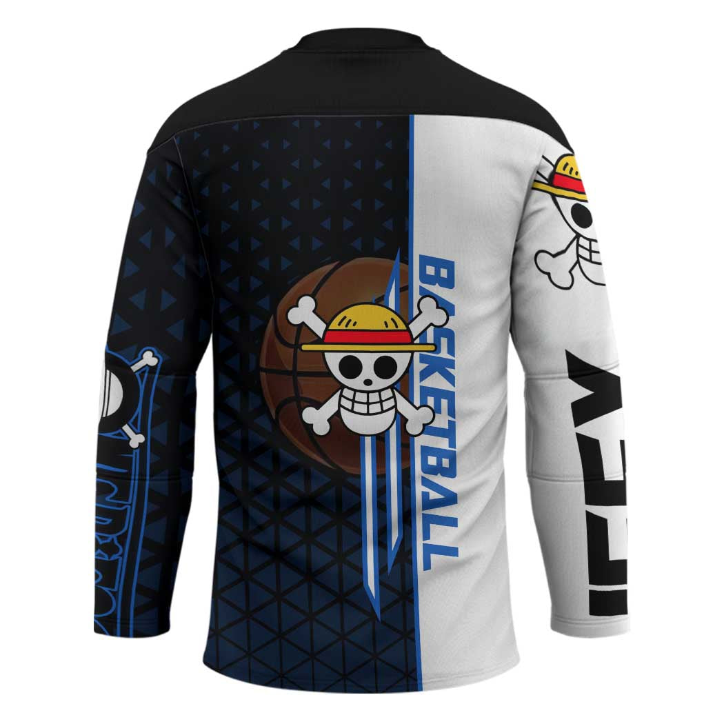 Luffy Gear 5 One Piece Basketball Theme White and Black Design Hockey Jersey with Straw Hat Emblem and Dynamic Action Pose - The Mazicc