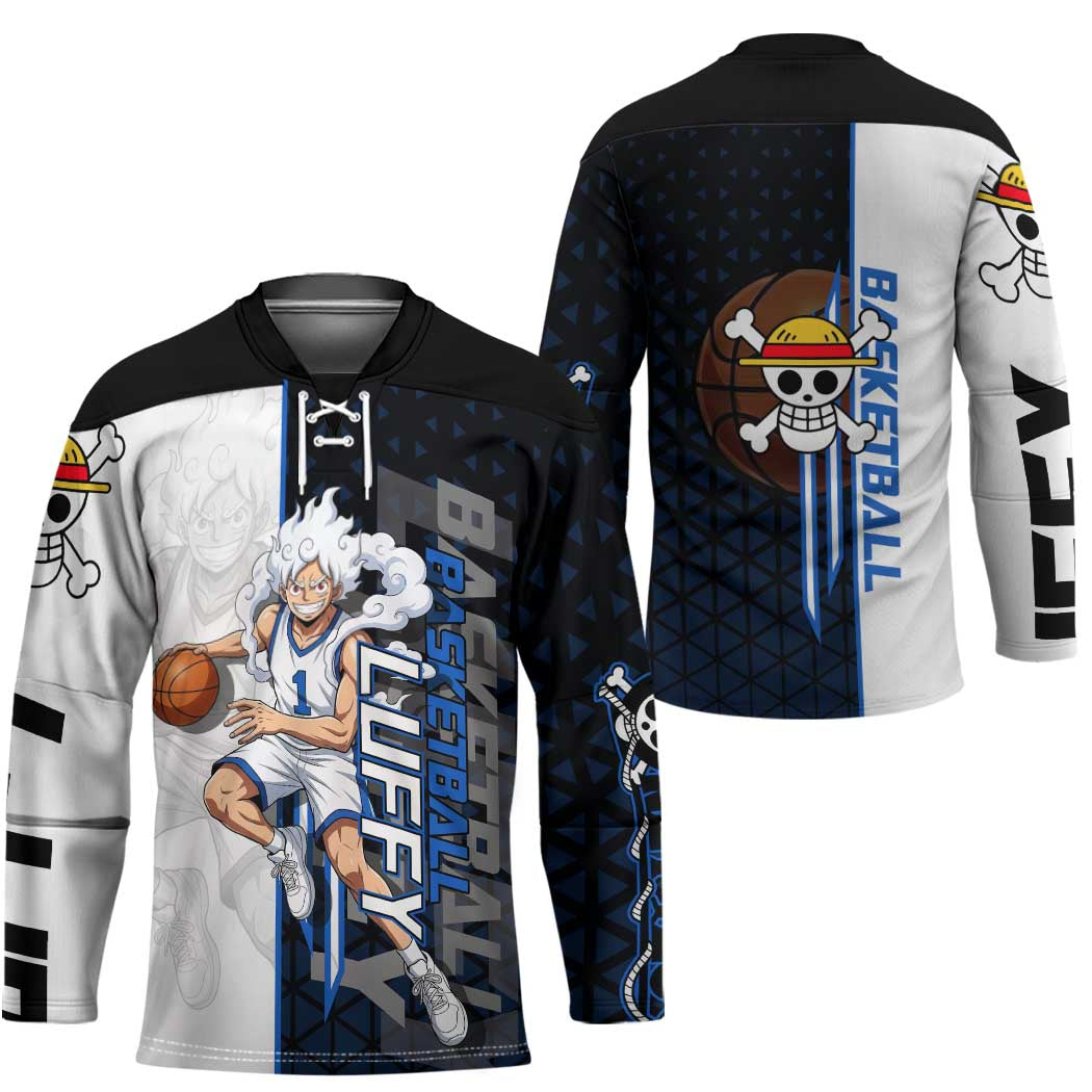 Luffy Gear 5 One Piece Basketball Theme White and Black Design Hockey Jersey with Straw Hat Emblem and Dynamic Action Pose - The Mazicc