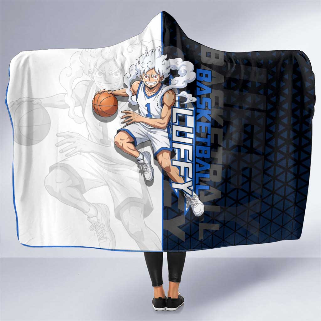Luffy Gear 5 One Piece Basketball Theme White and Black Design Hooded Blanket with Straw Hat Emblem and Dynamic Action Pose - The Mazicc