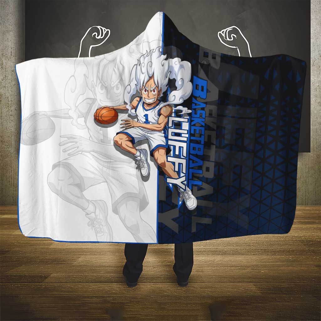 Luffy Gear 5 One Piece Basketball Theme White and Black Design Hooded Blanket with Straw Hat Emblem and Dynamic Action Pose - The Mazicc