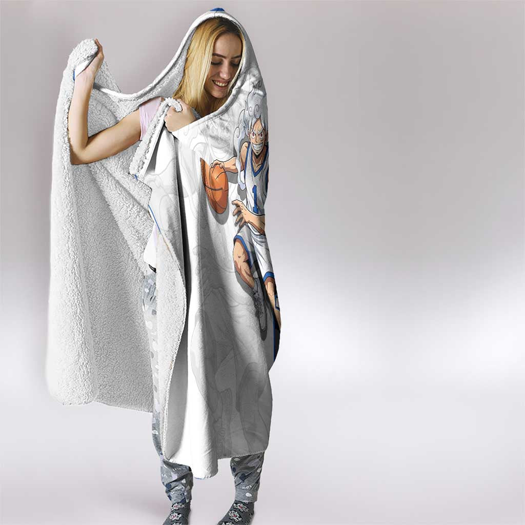 Luffy Gear 5 One Piece Basketball Theme White and Black Design Hooded Blanket with Straw Hat Emblem and Dynamic Action Pose - The Mazicc