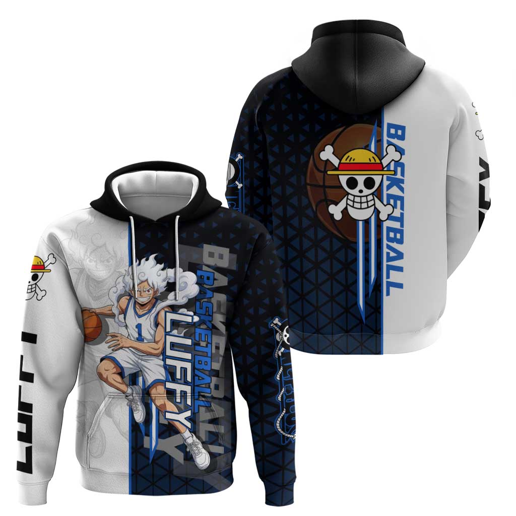 Luffy Gear 5 One Piece Basketball Theme White and Black Design Hoodie with Straw Hat Emblem and Dynamic Action Pose - The Mazicc