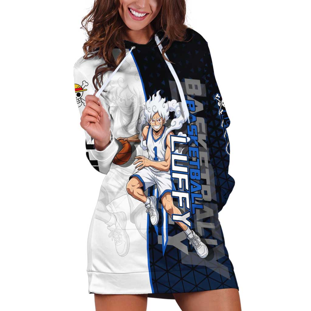 Luffy Gear 5 One Piece Basketball Theme White and Black Design Hoodie Dress with Straw Hat Emblem and Dynamic Action Pose - The Mazicc