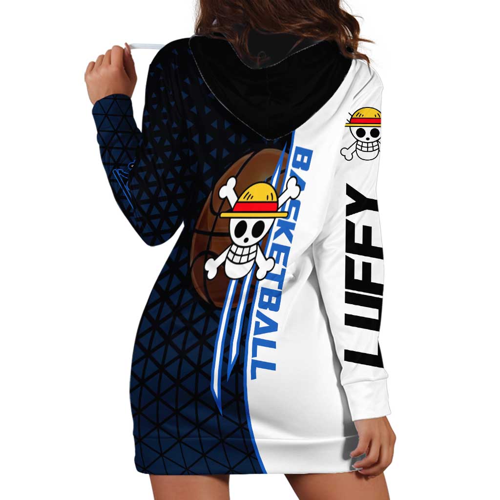 Luffy Gear 5 One Piece Basketball Theme White and Black Design Hoodie Dress with Straw Hat Emblem and Dynamic Action Pose - The Mazicc
