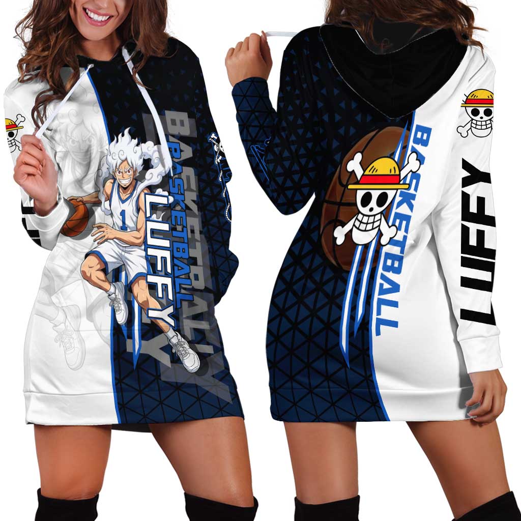 Luffy Gear 5 One Piece Basketball Theme White and Black Design Hoodie Dress with Straw Hat Emblem and Dynamic Action Pose - The Mazicc