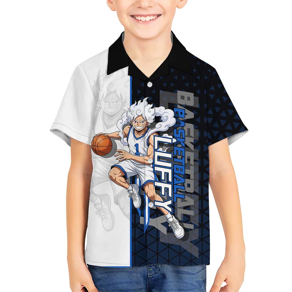 Luffy Gear 5 One Piece Basketball Theme White and Black Design Kid Hawaiian Shirt with Straw Hat Emblem and Dynamic Action Pose - The Mazicc
